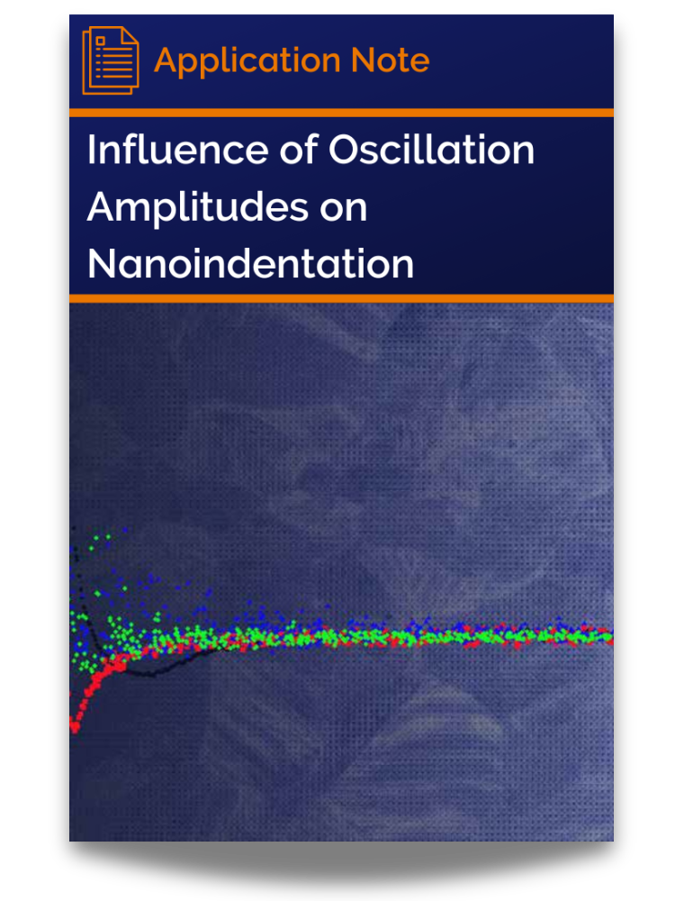 <p>Application note cover featuring graph depicting reduced modulus versus contact depth from Berkovich indentations on fused silica in four CSM modes.</p>