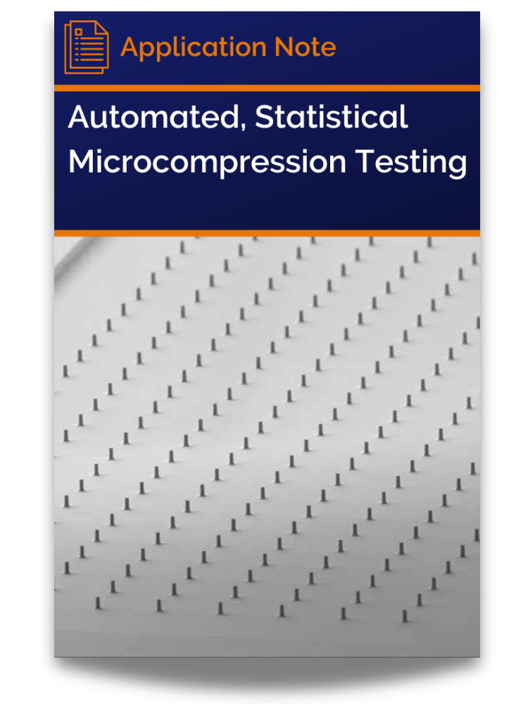 <p>Application note cover featuring secondary electron micrograph of silicon micropillar array, for automated microcompression testing.</p>