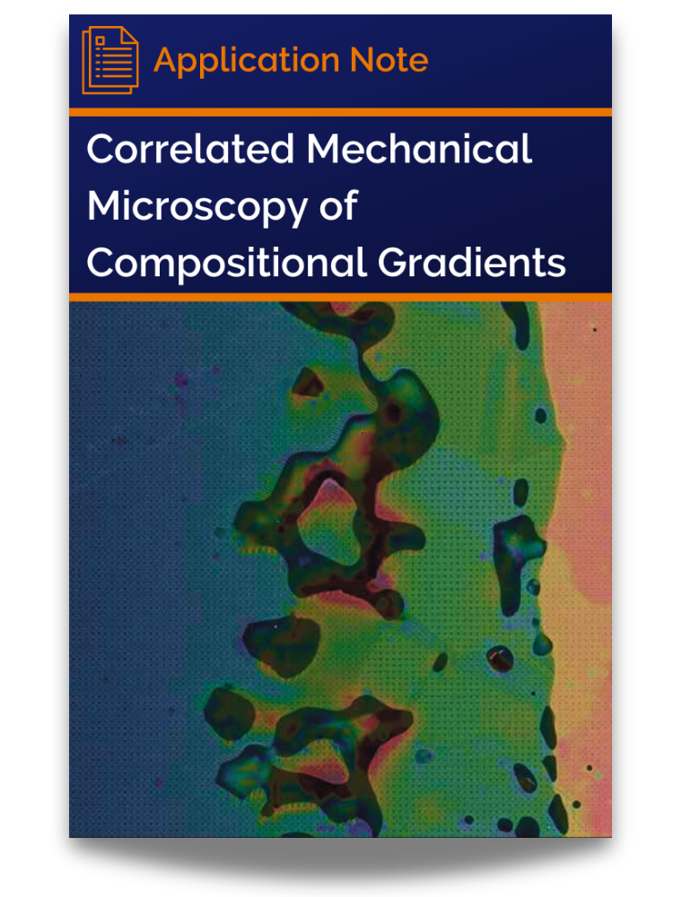 <p>Application note cover featuring microscopy image displaying a Ni—Ta system with correlative mechanical microscopy and compositional gradients.</p>