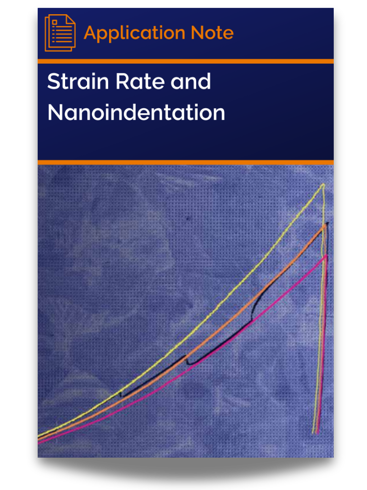 <p>Application note cover featuring graph of force-displacement curves for UFG Aluminum, showing strain rate effects from nanoindentation tests.</p>
