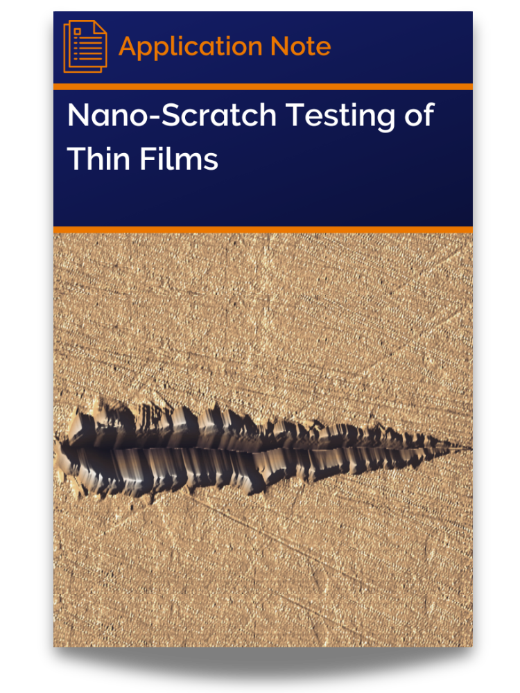 <p>Application note cover featuring nano-scratch test on a thin film showing a clear, linear scratch mark with uniform width and debris on the sides.</p>