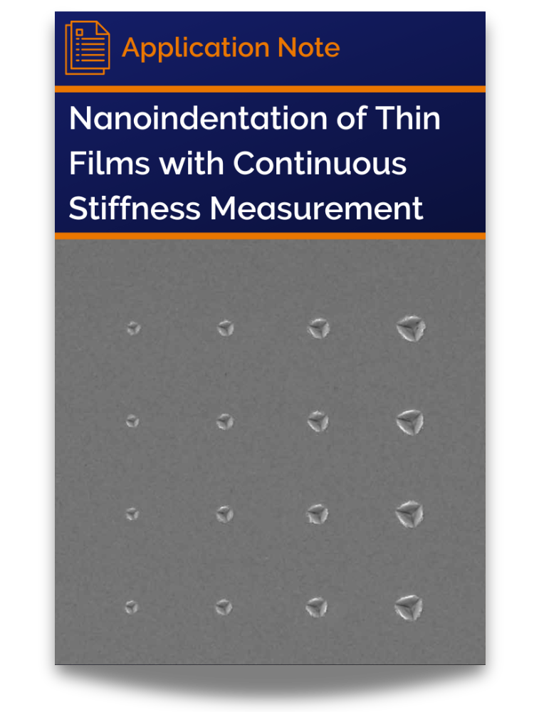 <p>Application note cover featuring micrograph showing multiple nanoindentations on a thin film used for assessing mechanical properties.</p>